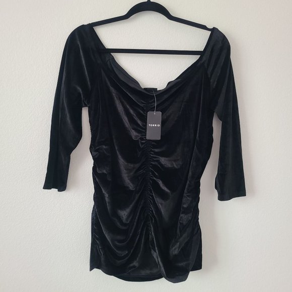 Torrid Velvet Shirred Off The Shoulder Front Long Sleeve Top Plus Size 2X Black - Picture 1 of 5